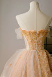 Classy Ball Gown Strapless Yellow Floor Length Tulle Prom Dresses Formal Dress Birthday Outfits Prom Gown HZ0311