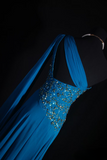 Retro Prom Dresses A Line One Shoulder Royal Blue Chiffon Beaded Vintage Fashion Long Prom Dresses Party Gowns HZ0311