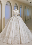 Romantic Women's Ball Gown Off The Shoulder With Appliqued Short Sleeves White Lace Tulle Sweep Train Wedding Dresses HZ0311