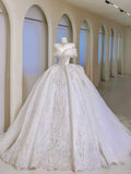Romantic Women's Ball Gown Off The Shoulder With Appliqued Short Sleeves White Lace Tulle Sweep Train Wedding Dresses HZ0311