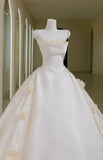 Romantic Women's Ball Gown Strapless With Appliqued Long Sleeves White Lace Satin Sweep Train Wedding Dresses HZ0311