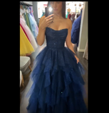 Stunning Navy Blue Strapless Beaded Tulle Long Prom Dresses Evening Formal Dress HZ0311