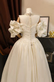 Romantic Women's Ball Gown Sweetheart With Sleeves Appliqued Ivory Lace Satin Sweep Train Wedding Dresses HZ0311