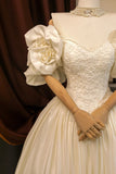 Romantic Women's Ball Gown Sweetheart With Sleeves Appliqued Ivory Lace Satin Sweep Train Wedding Dresses HZ0311