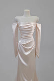 Charming Women's Mermaid Off The Shoulder Satin Light Pink With Long Sleeves Wedding Dresses HZ0311