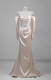 Charming Women's Mermaid Off The Shoulder Satin Light Pink With Long Sleeves Wedding Dresses HZ0311