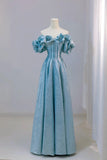 Classy A line Off The Shoulder Blue Floor Length Prom Dresses Formal Dress Birthday Outfits Prom Gown HZ0311