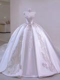 Romantic Women's Ball Gown Sweetheart With Long Sleeves Appliqued White Lace Satin Sweep Train Wedding Dresses HZ0311