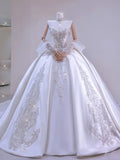 Romantic Women's Ball Gown Sweetheart With Long Sleeves Appliqued White Lace Satin Sweep Train Wedding Dresses HZ0311