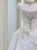 Princess Women's Ball Gown Strapless White With Silver Beads Satin Floor Length Wedding Dresses HZ0311