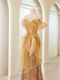Classy Mermaid Off The Shoulder Gold Sequin Prom Dresses Long Party Dress Evening Outfits Graduation Dress HZ0311