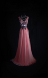 Vintage Prom Dresses 1950s Retro Classy A line V Neck Pink Chiffon Beaded Inspo Long Prom Gown HZ0311