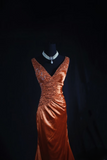 Vintage Prom Dresses 1950s Retro Classy V Neck Rust Red Long Prom Dress Inspiration Prom Dresses HZ0311