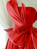 Simple A Line Strapless Satin Red Sleeveless Prom Dresses Long Prom Gowns HZ0311