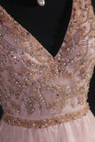 Vintage Prom Dresses 1950s Formal Retro Classy A Line V Neck Blush Pink Beaded Prom Dress Inspiration Long Prom Party Gown HZ0311