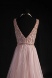 Vintage Prom Dresses 1950s Formal Retro Classy A Line V Neck Blush Pink Beaded Prom Dress Inspiration Long Prom Party Gown HZ0311