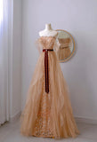 Classy A line Off The Shoulder Gold Sequin Floor Length Prom Dresses Formal Dress Birthday Outfits Prom Gown HZ0311
