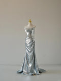 Charming Mermaid Strapless Silver Sequins Sleeveless Prom Dresses Long Prom Gowns HZ0311