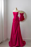 Classy Mermaid Strapless Hot Pink Satin Floor Length Prom Dresses Formal Dress Birthday Outfits Prom Gown HZ0311
