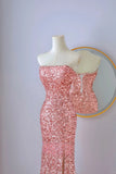 Classy Mermaid Strapless Pink Sequin Floor Length Slit Prom Dresses Formal Dress Birthday Outfits Prom Gown HZ0311