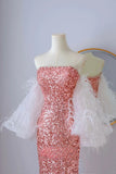 Classy Mermaid Strapless Pink Sequin Floor Length Slit Prom Dresses Formal Dress Birthday Outfits Prom Gown HZ0311