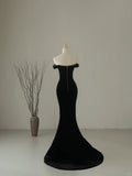 Simple Mermaid Off The Shoulder Black Velvet Cap Sleeves Prom Dresses Long Prom Gowns HZ0311