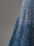 Charming Ball Gown Strapless Navy Blue With Silver Beads Tulle Sleeveless Prom Dresses Long Prom Gowns HZ0311