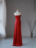 Charming Mermaid Strapless Red Satin Long Prom Dresses Pleated Prom Gowns HZ0311