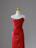 Charming Mermaid Strapless Red Satin Long Prom Dresses Pleated Prom Gowns HZ0311