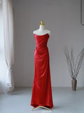 Charming Mermaid Strapless Red Satin Long Prom Dresses Pleated Prom Gowns HZ0311