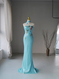 Charming Mermaid Strapless Blue Sequins Sleeveless Long Prom Dresses Appliqued Prom Gowns HZ0311