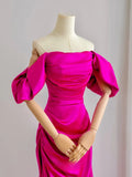 Classy Mermaid Strapless Hot Pink Satin Split Pleated Prom Dresses Formal Dress Birthday Outfits Prom Gown HZ0311