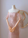 Cute Mermaid Off The Shoulder Blush Pink With Short Sleeves Beads Long Prom Dresses Formal Party Dress Prom Gown HZ0311