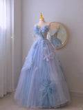 Charming Ball Gown Sweetheart Blue Tulle Long Prom Dresses Formal Party Dress Prom Gown HZ0311