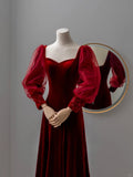 Charming A line Sweetheart Red Velvet Long Prom Dresses Formal Party Dress Prom Gown HZ0311