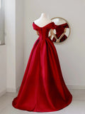 Charming A line Off The Shoulder Red Satin Long Prom Dresses Formal Party Dress Prom Gown HZ0311