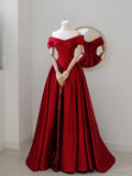 Charming A line Off The Shoulder Red Satin Long Prom Dresses Formal Party Dress Prom Gown HZ0311