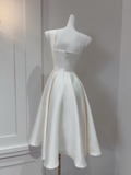 Elegant A Line Square Neck White Satin Tea Length Prom Dresses Party Gowns HZ0311