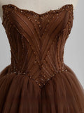 Modest Ball Gown Sweetheart Tulle Brown Prom Dresses Long Sweet 16 Birthday Party Dress Evening Dresses HZ0311
