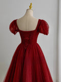 Modest Ball Gown Sweetheart Tulle Burgundy Prom Dresses Long Sweet 16 Birthday Party Dress Evening Dresses HZ0311