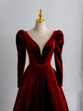 Charming A Line V Neck With Long Sleeves Burgundy Velvet Long Prom Dresses Formal Party Dress Prom Gown HZ0311