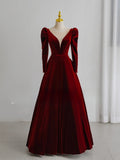 Charming A Line V Neck With Long Sleeves Burgundy Velvet Long Prom Dresses Formal Party Dress Prom Gown HZ0311
