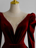 Charming A Line V Neck With Long Sleeves Burgundy Velvet Long Prom Dresses Formal Party Dress Prom Gown HZ0311