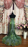 Vintage Mermaid Halter Strapless Green Tulle With Layers Sleeveless 90s Long Prom Dresses Prom Gowns HZ0311