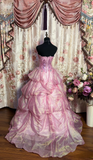 Retro Ball Gown Strapless Pink Organza Long Prom Dresses 80s 70s Prom Gowns HZ0311