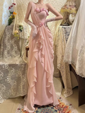 Chic A Line One Shoulder Pink Chiffon Sleeveless Prom Dresses Long Prom Gowns HZ0311