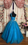Charming Ball Gown One Shoulder Blue Tulle Beaded Long Quinceanera Dress Sweet 15 16 Dresses HZ0311