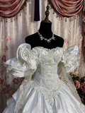 Retro Ball Gown Off The Shoulder Neckline 60s White Fitted Corset Bride Gown Long Wedding Dresses HZ0311