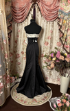 Retro Mermaid Strapless Black Satin Long Prom Dresses 80s 70s Prom Gowns HZ0311