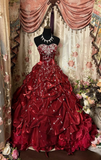 Retro Ball Gown Strapless Beads Burgundy Organza Long Prom Dresses 80s 70s Prom Gowns HZ0311